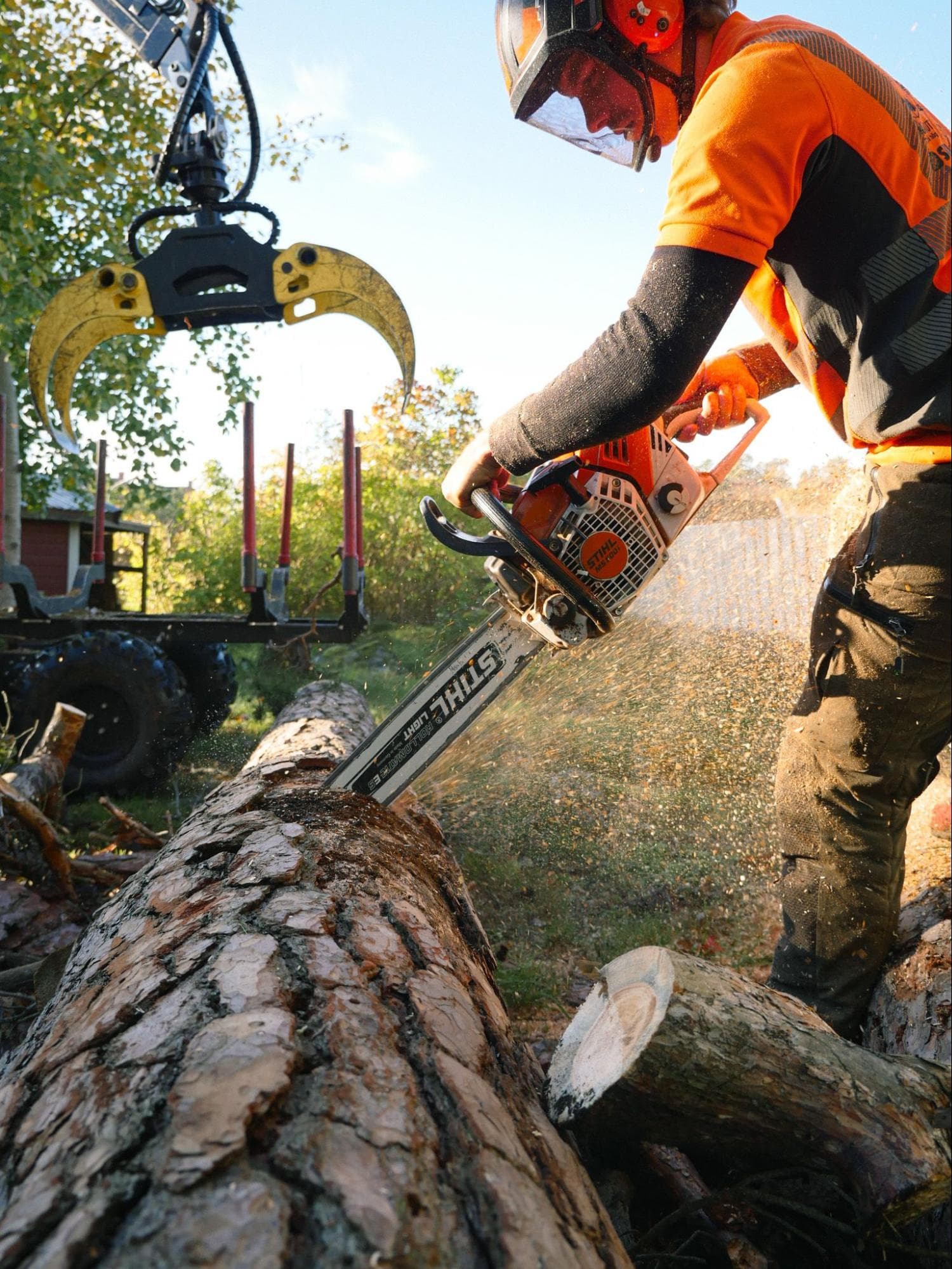 Arborist kapar en stam på marken bredvid skotaren.